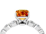 White gold Emerald Cut Solitaire Citrine Ring with Pave Band and Four-Prong Setting_4