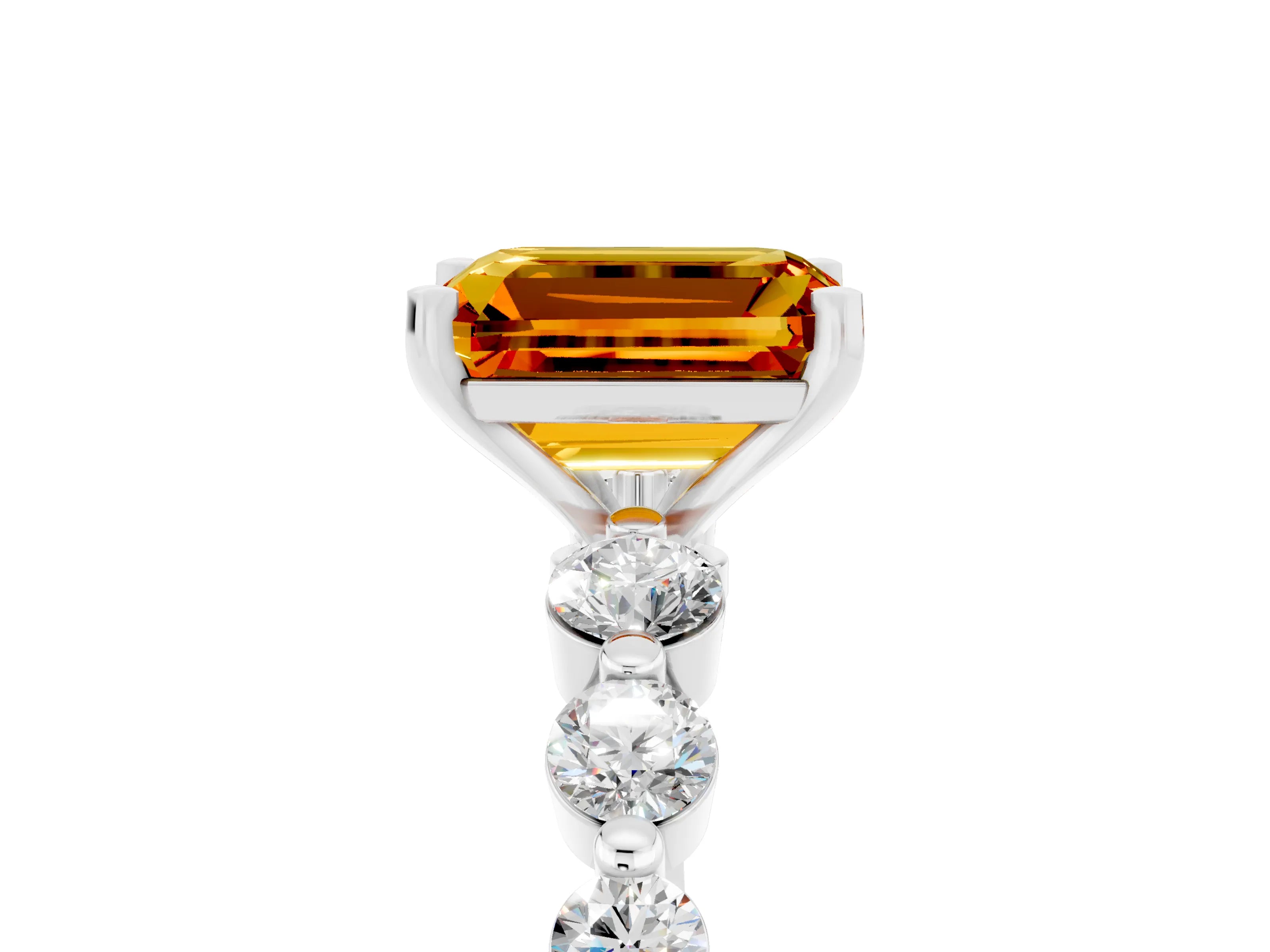White gold Emerald Cut Solitaire Citrine Ring with Pave Band and Four-Prong Setting_5