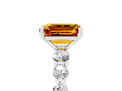 White gold Emerald Cut Solitaire Citrine Ring with Pave Band and Four-Prong Setting_5