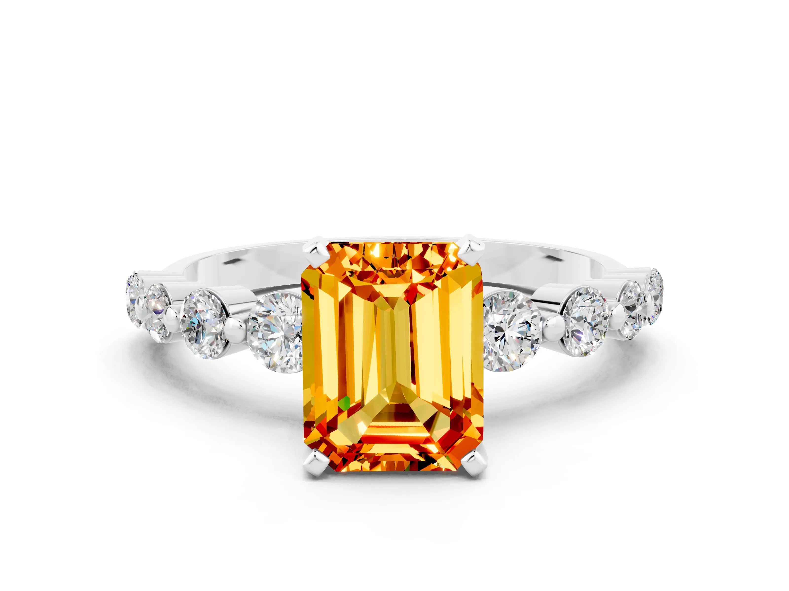 White gold Emerald Cut Solitaire Citrine Ring with Pave Band and Four-Prong Setting