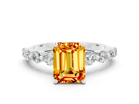 White gold Emerald Cut Solitaire Citrine Ring with Pave Band and Four-Prong Setting