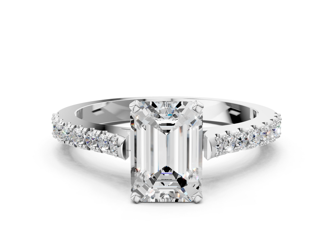 White gold Emerald Cut Solitaire Diamond Engagement Ring with Pave Band and Four-Prong Setting_198