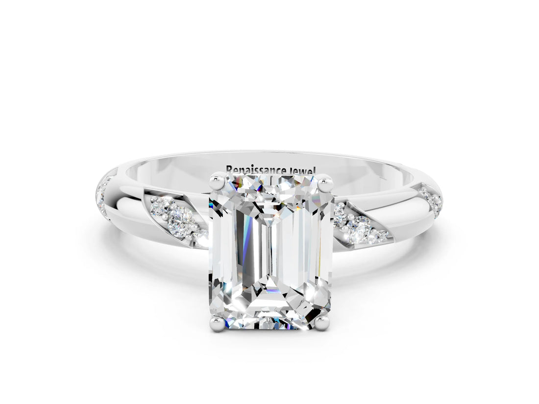 White gold Emerald Cut Solitaire Diamond Engagement Ring with Twisted Pave Band and Four-Prong Setting