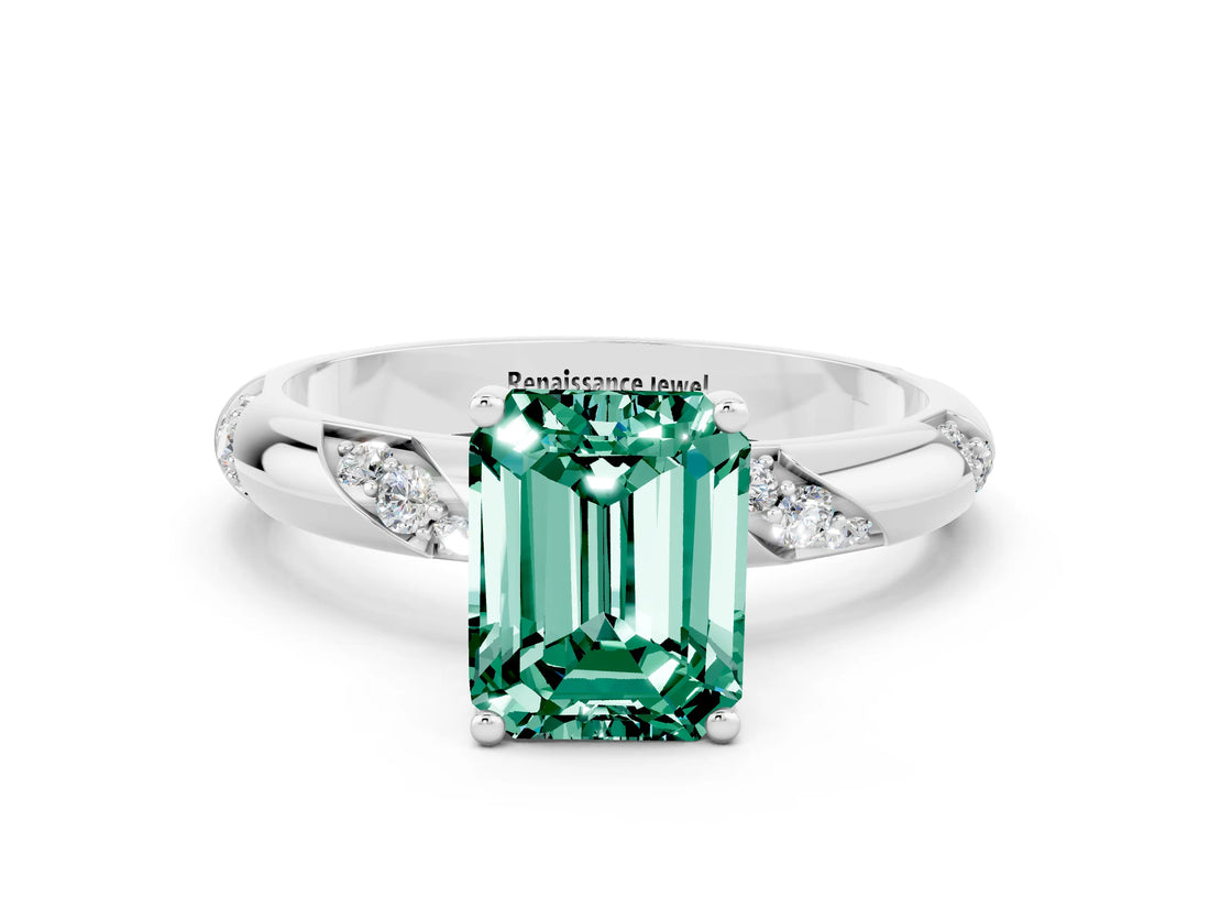White gold Emerald Cut Solitaire Diamond Engagement Ring with Twisted Pave Band and Four-Prong Setting
