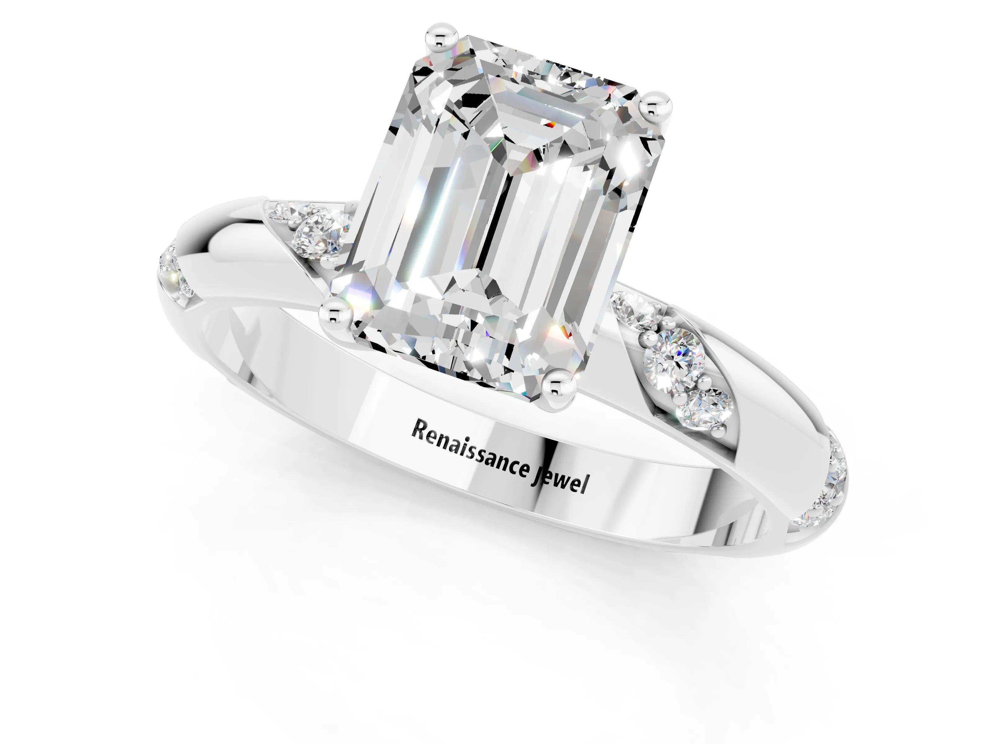 White gold Emerald Cut Solitaire Diamond Engagement Ring with Twisted Pave Band and Four-Prong Setting_1