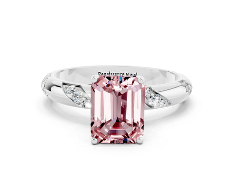 White gold Emerald Cut Solitaire Diamond Engagement Ring with Twisted Pave Band and Four-Prong Setting