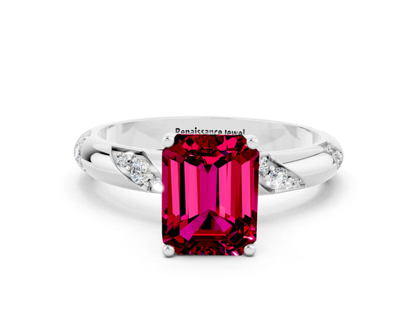 Silver Emerald Cut Garnet Solitaire Engagement Ring with Twisted Round  Accent Band and Prong Setting