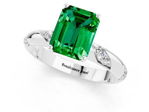Silver Emerald Cut Emerald Solitaire Engagement Ring with Twisted Round  Accent Band and Prong Setting
