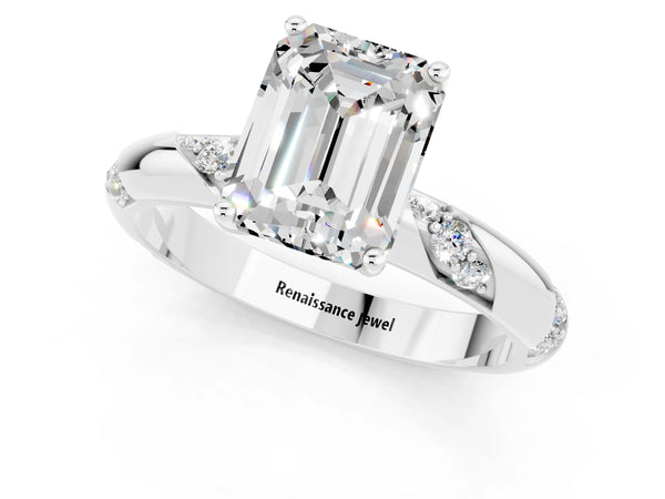 White gold Emerald Cut Moissanite Solitaire Engagement Ring with Twisted Round  Accent Band and Prong Setting