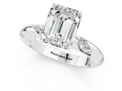 White gold Emerald Cut Solitaire Diamond Engagement Ring with Twisted Pave Band and Four-Prong Setting_1