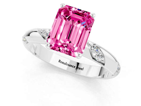 Platinum Emerald Cut Pink Sapphire Solitaire Engagement Ring with Twisted Round  Accent Band and Prong Setting