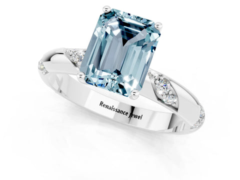 White gold Emerald Cut Solitaire Diamond Engagement Ring with Twisted Pave Band and Four-Prong Setting_1