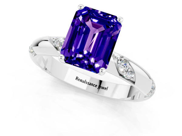 Silver Emerald Cut Tanzanite Solitaire Engagement Ring with Twisted Round  Accent Band and Prong Setting