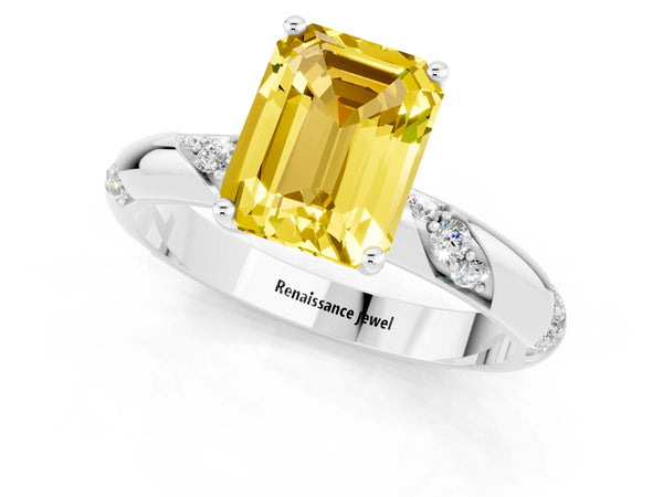 Platinum Emerald Cut Yellow Sapphire Solitaire Engagement Ring with Twisted Round  Accent Band and Prong Setting