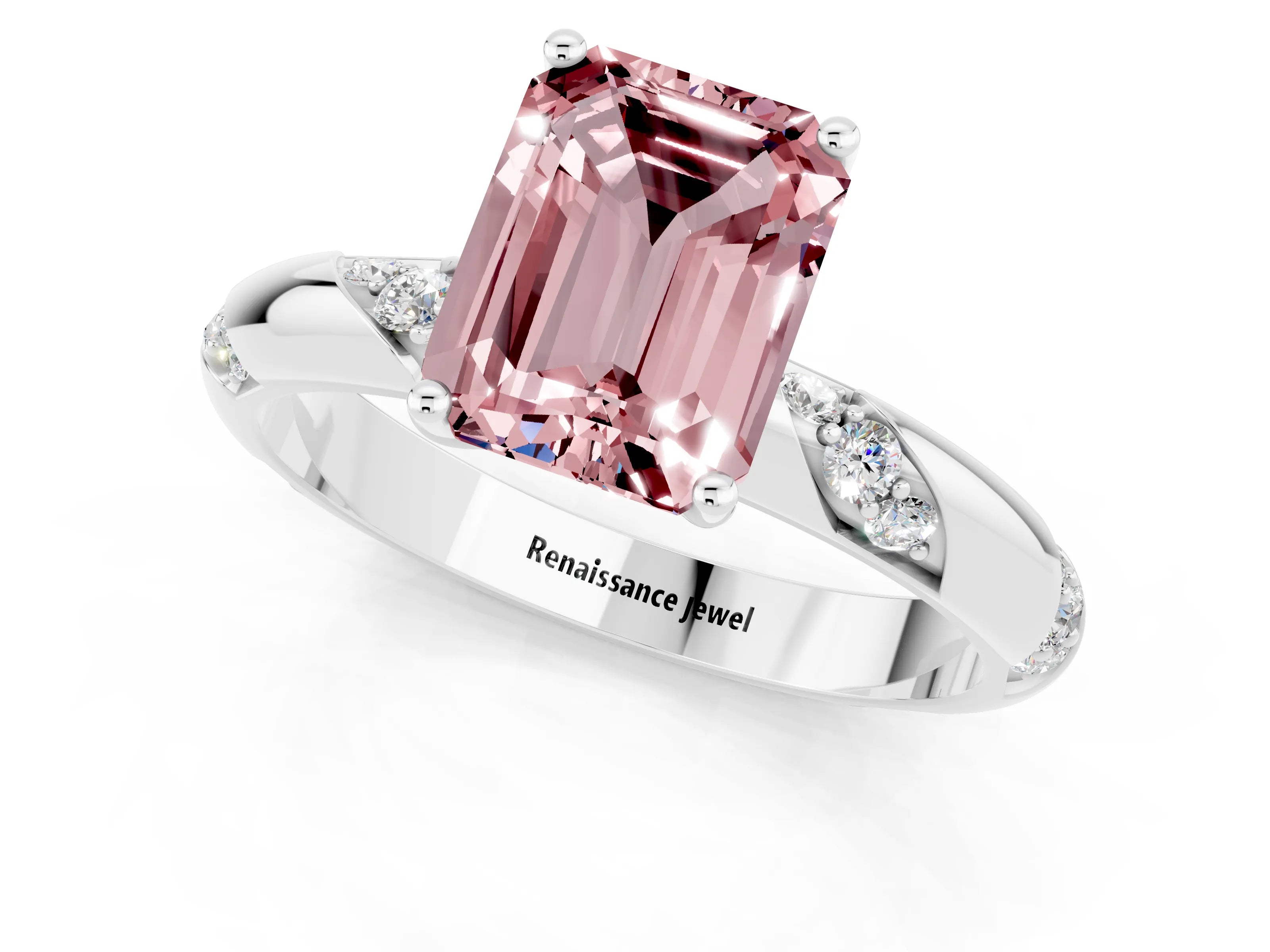 White gold Emerald Cut Solitaire Diamond Engagement Ring with Twisted Pave Band and Four-Prong Setting_1