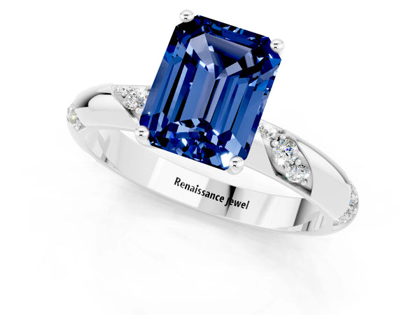 White gold Emerald Cut Blue Sapphire Solitaire Engagement Ring with Twisted Round  Accent Band and Prong Setting