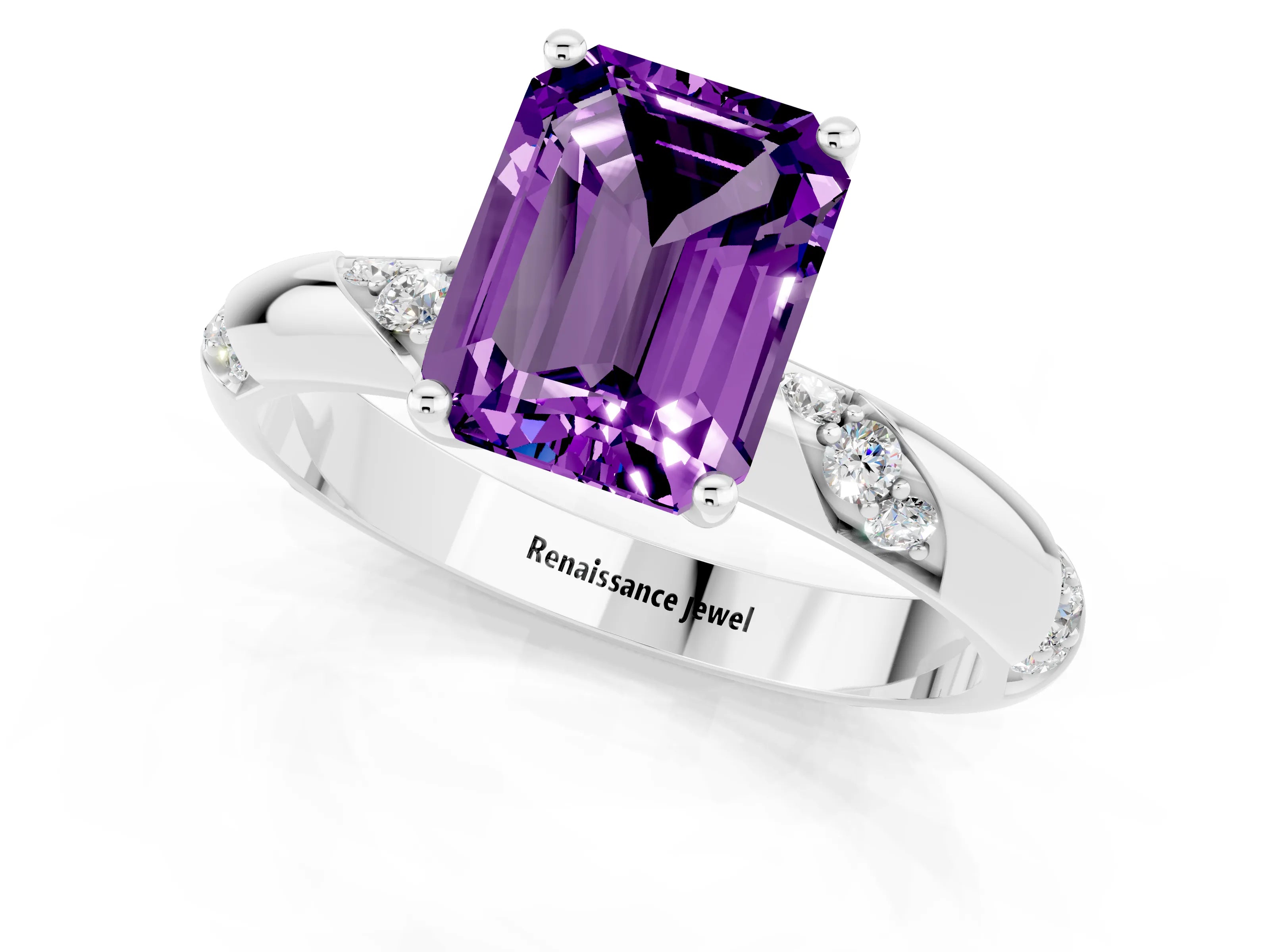 White gold Emerald Cut Solitaire Diamond Engagement Ring with Twisted Pave Band and Four-Prong Setting_1