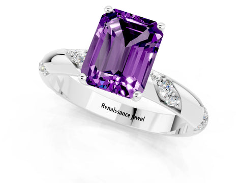 White gold Emerald Cut Solitaire Diamond Engagement Ring with Twisted Pave Band and Four-Prong Setting_1