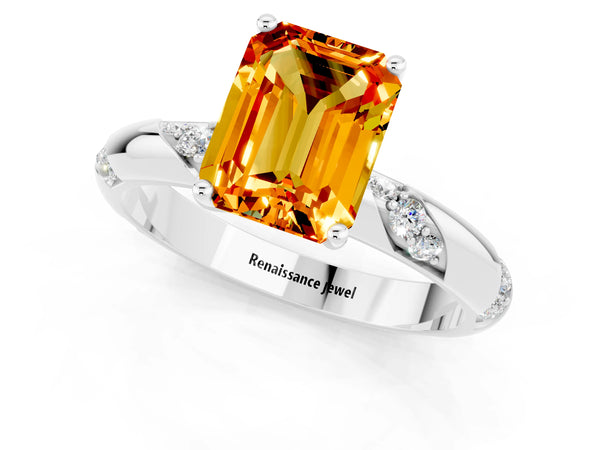White gold Emerald Cut Citrine Solitaire Engagement Ring with Twisted Round  Accent Band and Prong Setting