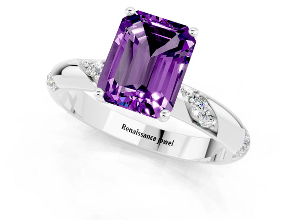 Platinum Emerald Cut Amethyst Solitaire Engagement Ring with Twisted Round  Accent Band and Prong Setting