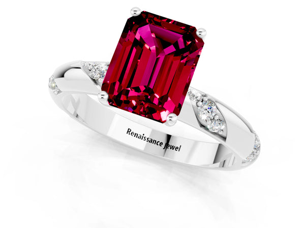 Silver Emerald Cut Garnet Solitaire Engagement Ring with Twisted Round  Accent Band and Prong Setting