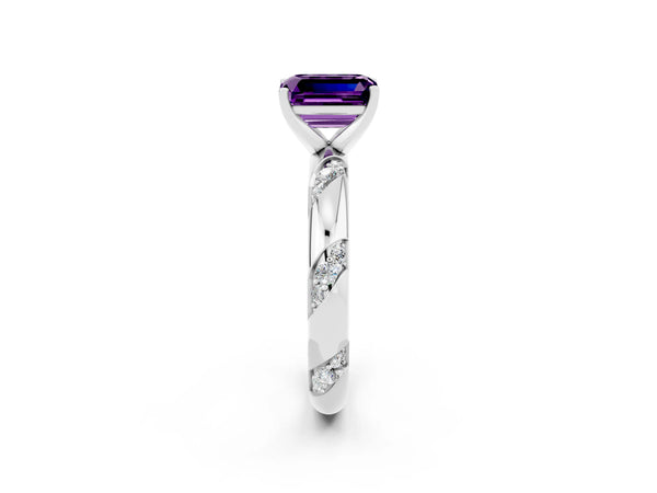 White gold Emerald Cut Amethyst Solitaire Engagement Ring with Twisted Round  Accent Band and Prong Setting