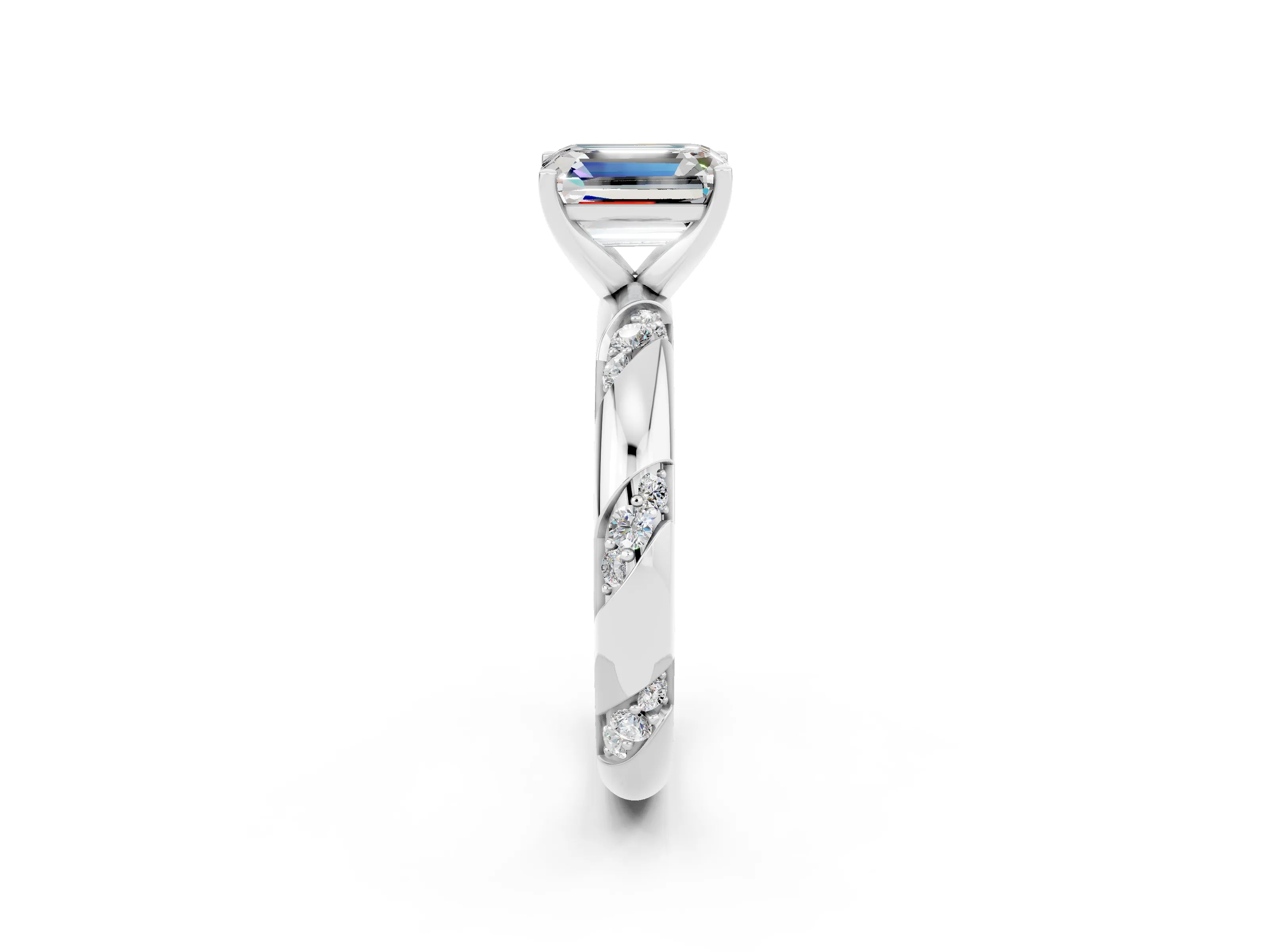 White gold Emerald Cut Solitaire Diamond Engagement Ring with Twisted Pave Band and Four-Prong Setting_2