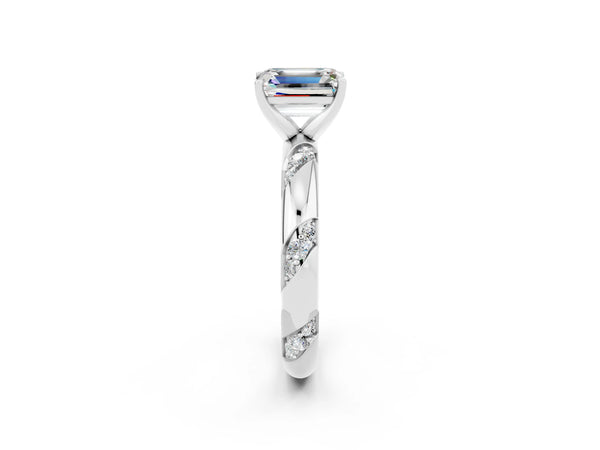 White gold Emerald Cut Moissanite Solitaire Engagement Ring with Twisted Round  Accent Band and Prong Setting