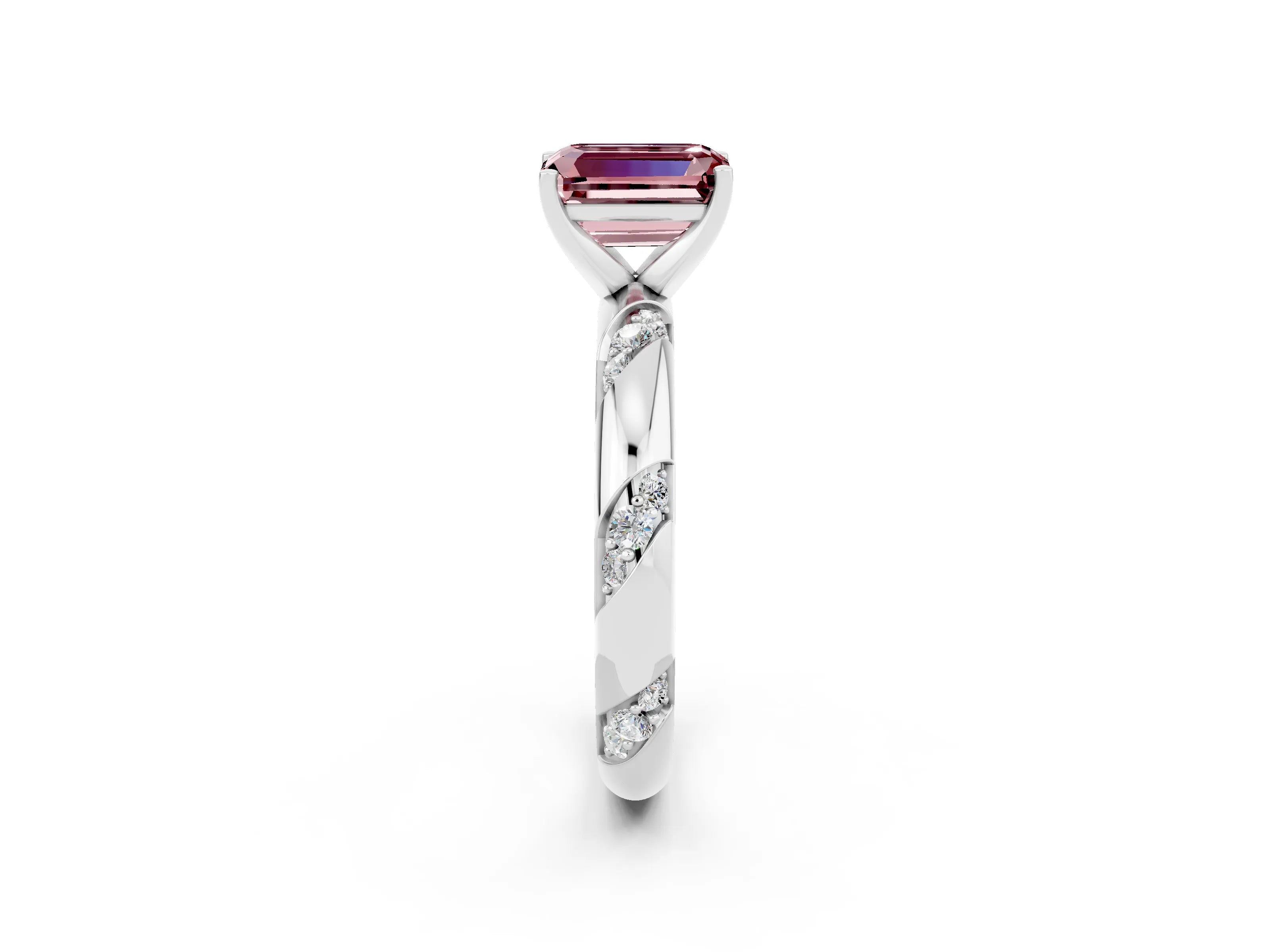 White gold Emerald Cut Solitaire Diamond Engagement Ring with Twisted Pave Band and Four-Prong Setting_2