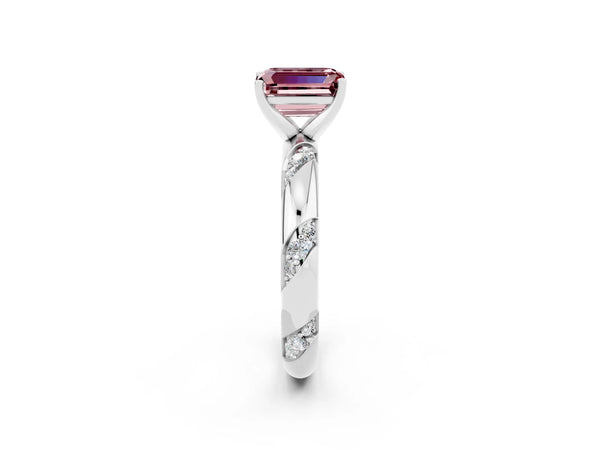 Platinum Emerald Cut Solitaire Diamond Engagement Ring with Twisted Pave Band and Four-Prong Setting