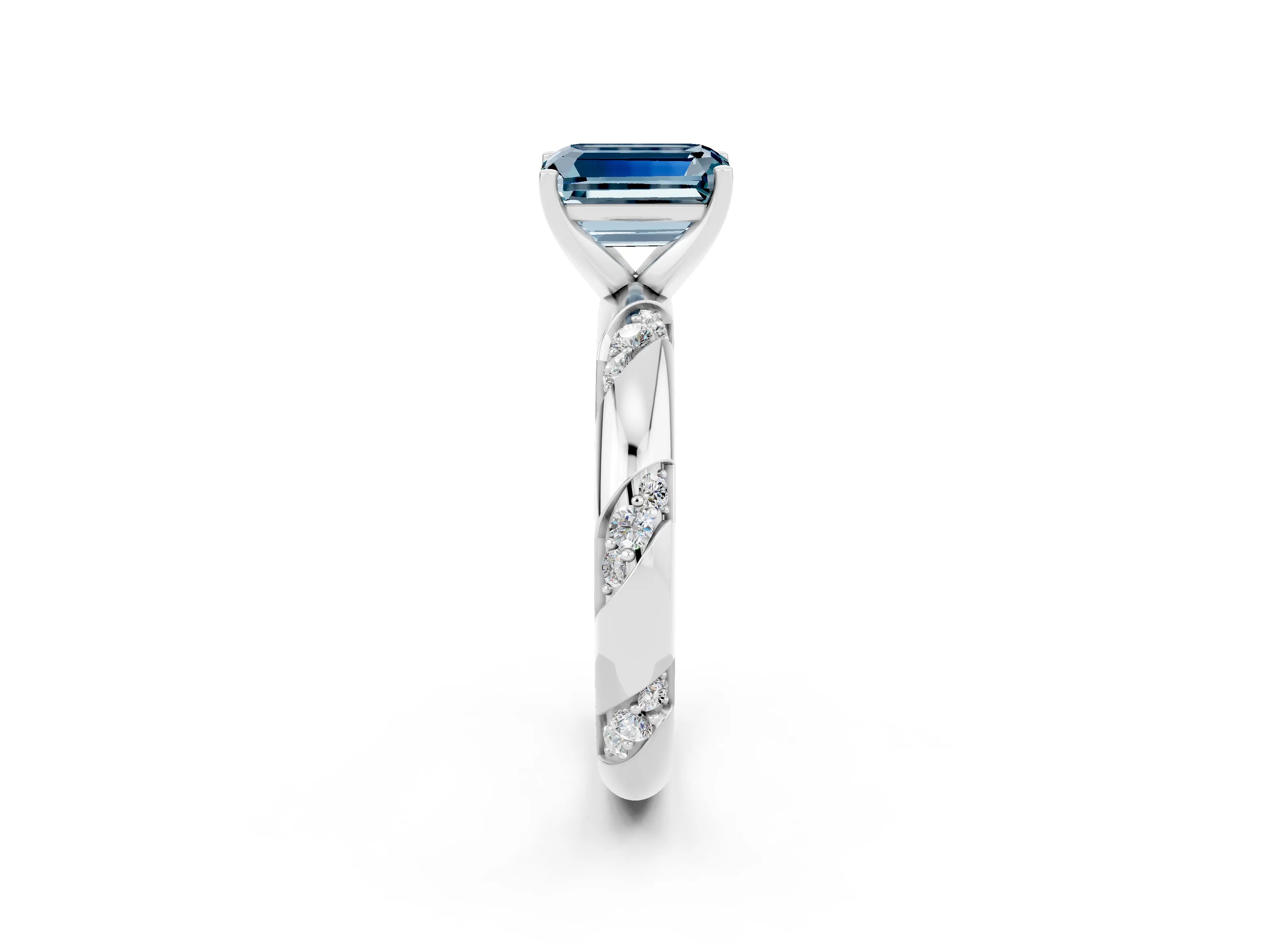White gold Emerald Cut Solitaire Diamond Engagement Ring with Twisted Pave Band and Four-Prong Setting_2