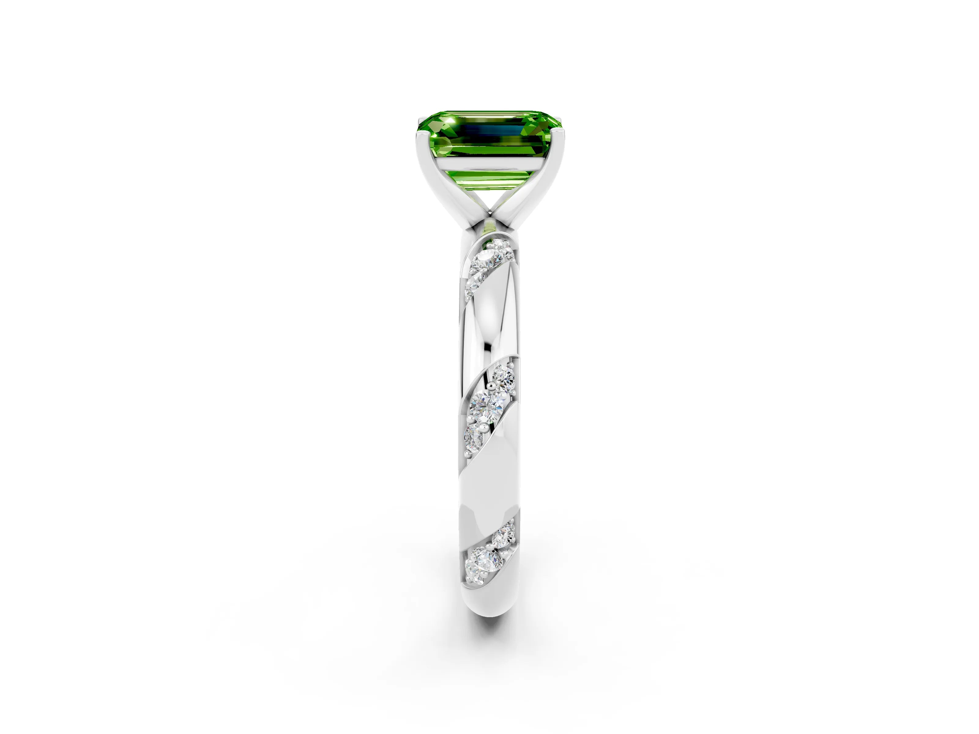 White gold Emerald Cut Solitaire Diamond Engagement Ring with Twisted Pave Band and Four-Prong Setting_2