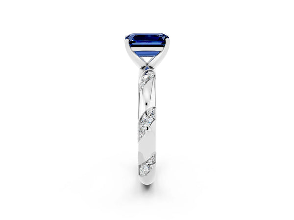 Silver Emerald Cut Blue Sapphire Solitaire Engagement Ring with Twisted Round  Accent Band and Prong Setting
