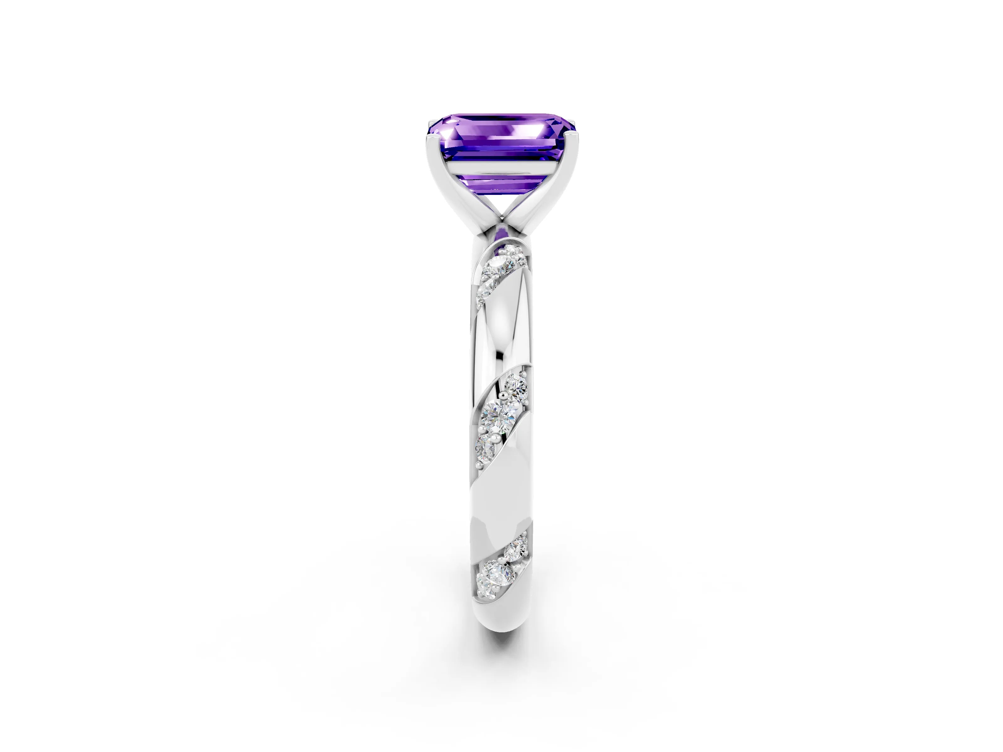 White gold Emerald Cut Solitaire Diamond Engagement Ring with Twisted Pave Band and Four-Prong Setting_2