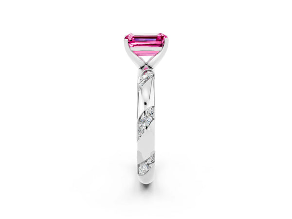 Platinum Emerald Cut Pink Sapphire Solitaire Engagement Ring with Twisted Round  Accent Band and Prong Setting