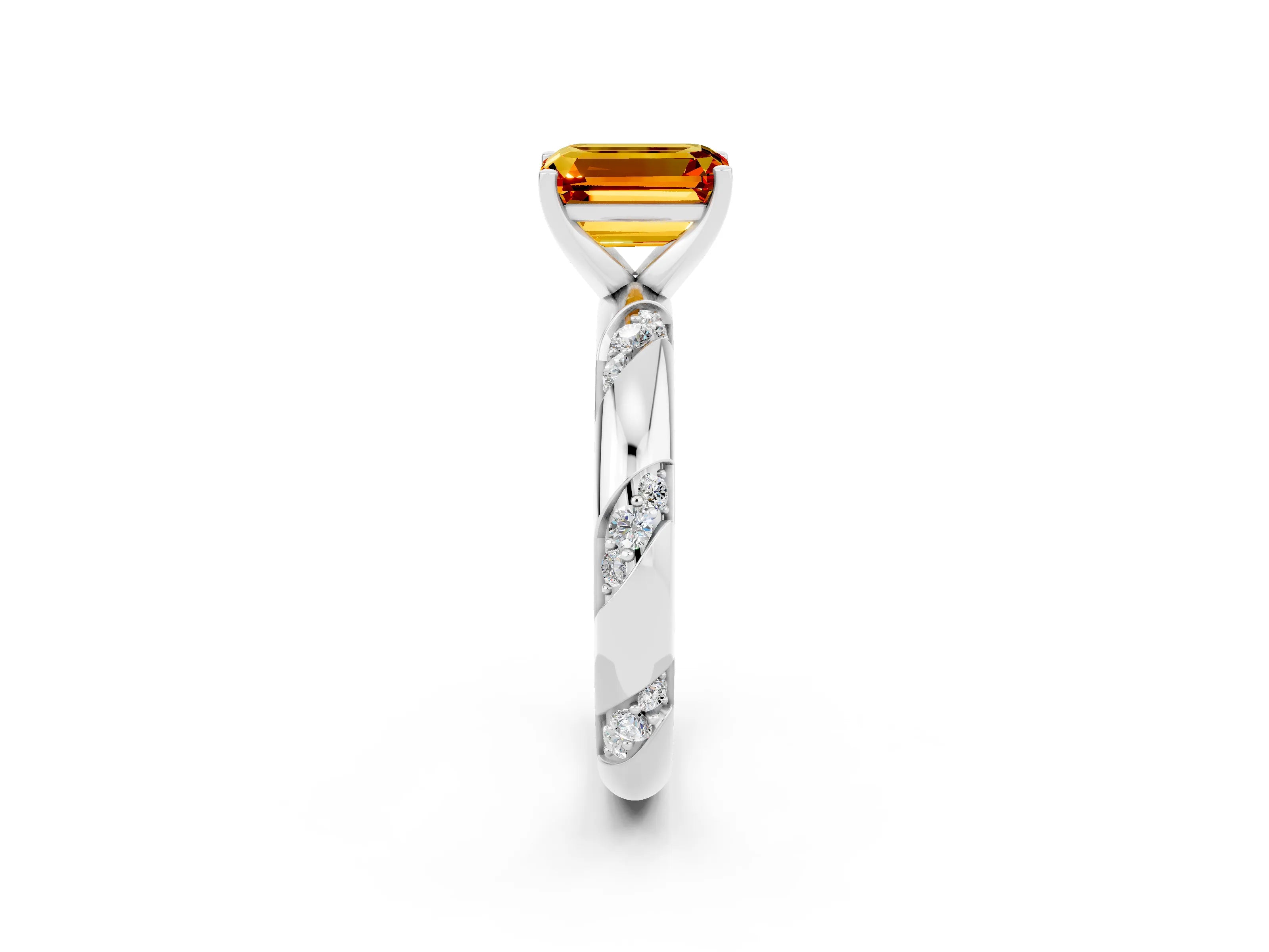 White gold Emerald Cut Solitaire Diamond Engagement Ring with Twisted Pave Band and Four-Prong Setting_2