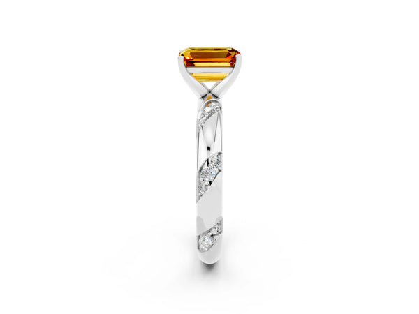 Silver Emerald Cut Citrine Solitaire Engagement Ring with Twisted Round  Accent Band and Prong Setting