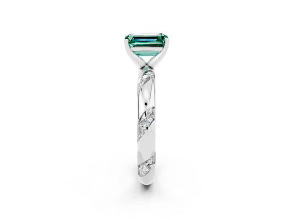 White gold Emerald Cut Green Sapphire Solitaire Engagement Ring with Twisted Round  Accent Band and Prong Setting