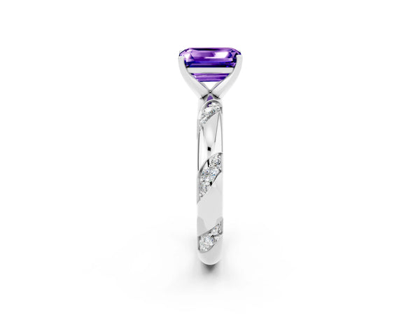 White gold Emerald Cut Tanzanite Solitaire Engagement Ring with Twisted Round  Accent Band and Prong Setting