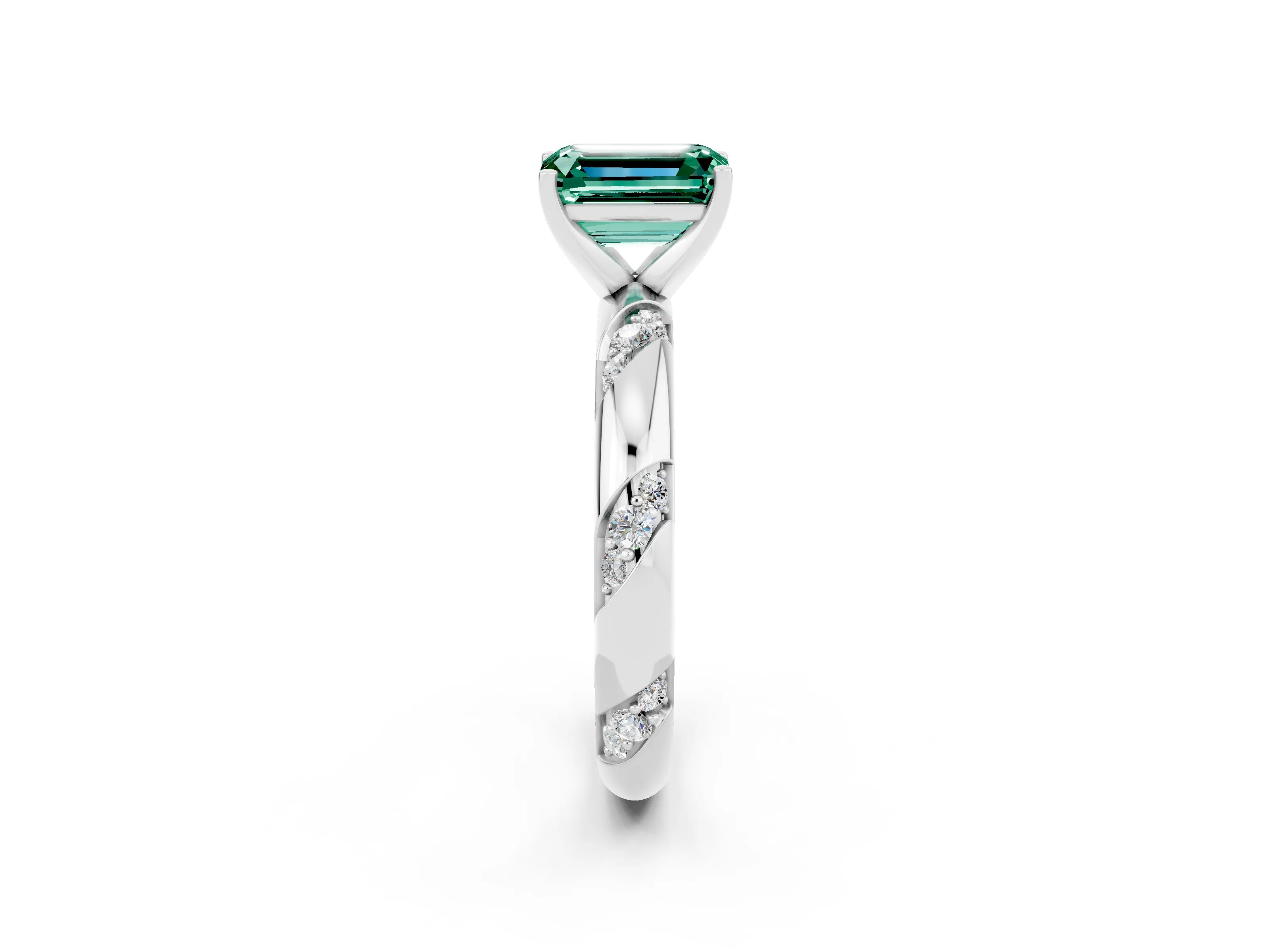White gold Emerald Cut Solitaire Diamond Engagement Ring with Twisted Pave Band and Four-Prong Setting_2