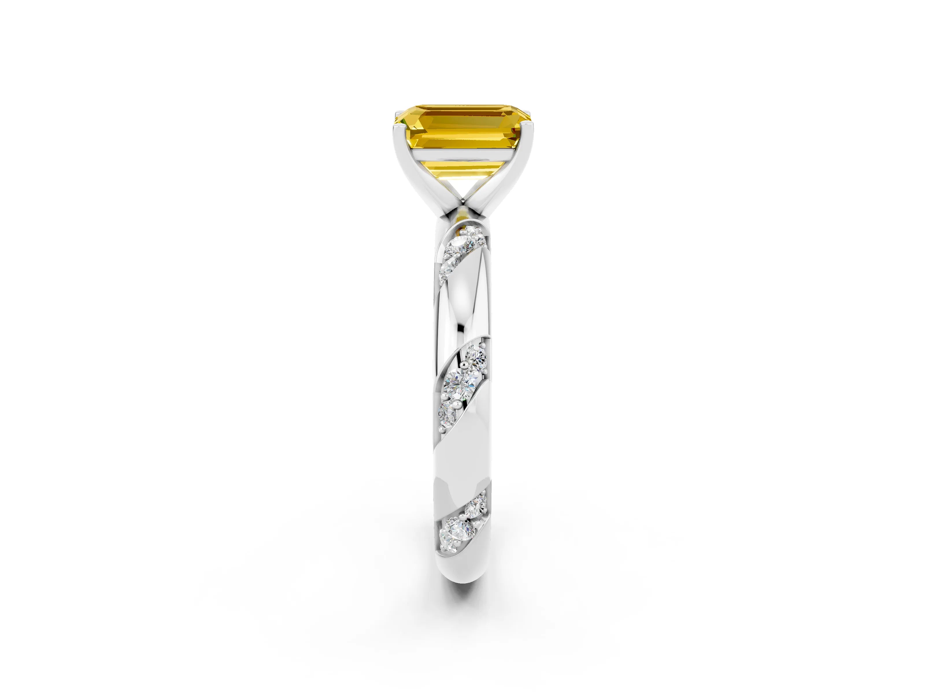 White gold Emerald Cut Solitaire Diamond Engagement Ring with Twisted Pave Band and Four-Prong Setting_2