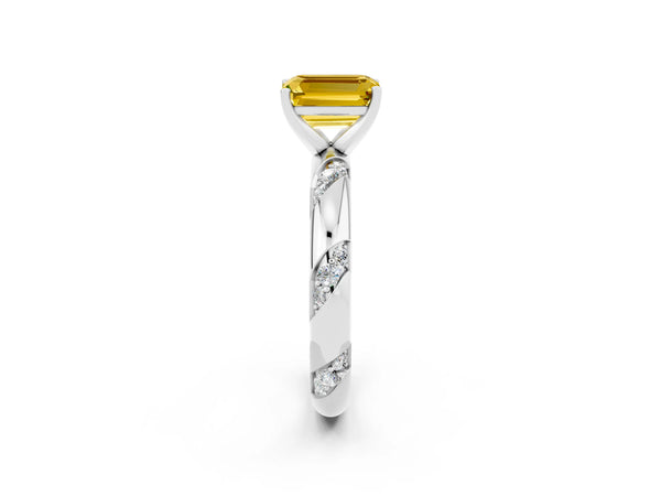 Platinum Emerald Cut Yellow Sapphire Solitaire Engagement Ring with Twisted Round  Accent Band and Prong Setting