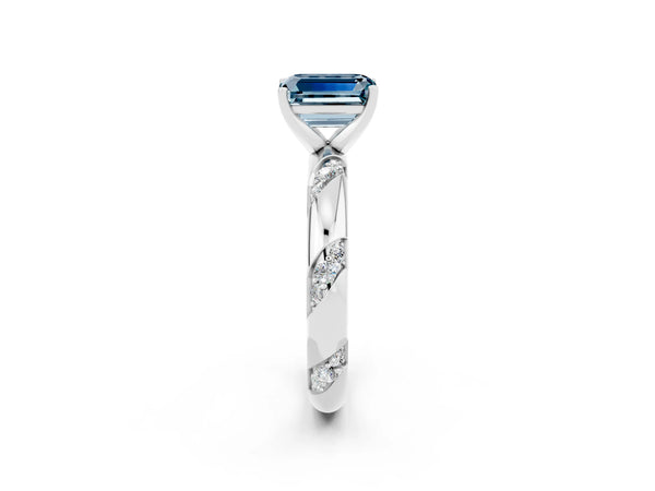 Silver Emerald Cut Aquamarine Solitaire Engagement Ring with Twisted Round  Accent Band and Prong Setting