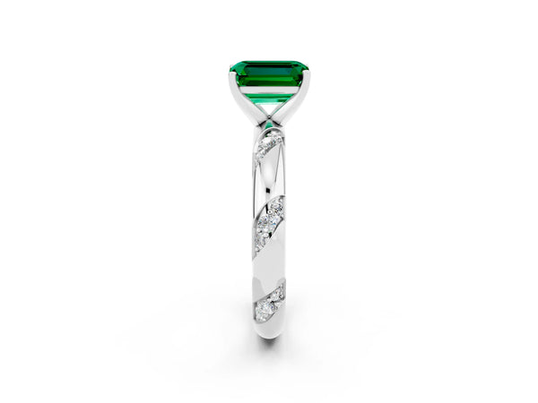Silver Emerald Cut Emerald Solitaire Engagement Ring with Twisted Round  Accent Band and Prong Setting