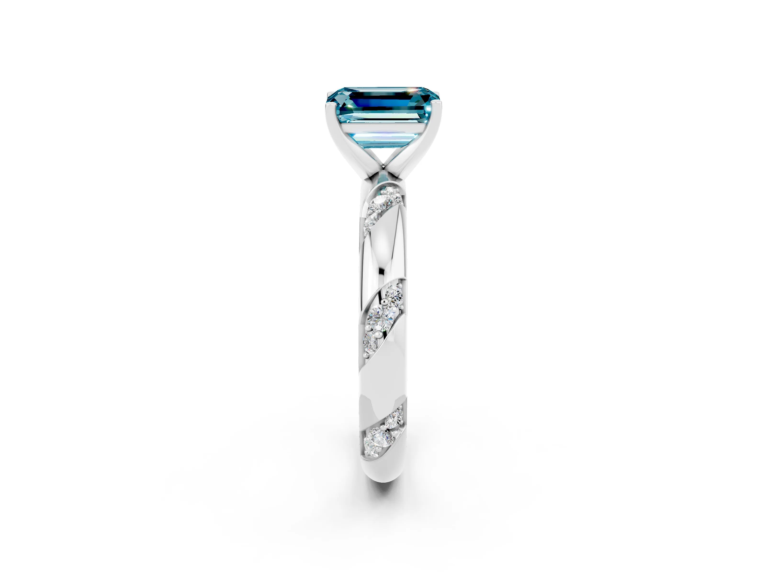 White gold Emerald Cut Solitaire Diamond Engagement Ring with Twisted Pave Band and Four-Prong Setting_2