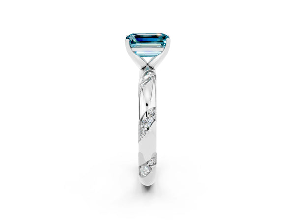 Platinum Emerald Cut Solitaire Diamond Engagement Ring with Twisted Pave Band and Four-Prong Setting