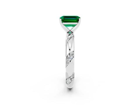 White gold Emerald Cut Solitaire Diamond Engagement Ring with Twisted Pave Band and Four-Prong Setting_2