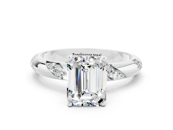 White gold Emerald Cut Moissanite Solitaire Engagement Ring with Twisted Round  Accent Band and Prong Setting