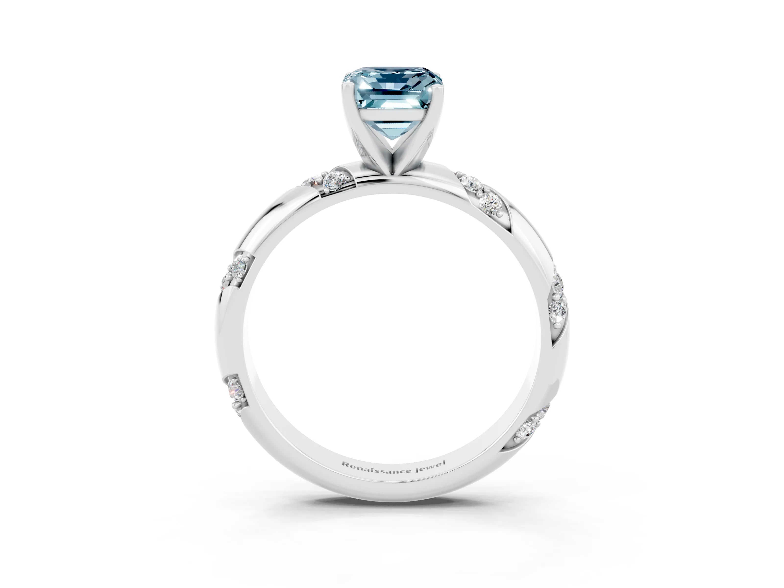 White gold Emerald Cut Solitaire Diamond Engagement Ring with Twisted Pave Band and Four-Prong Setting_3