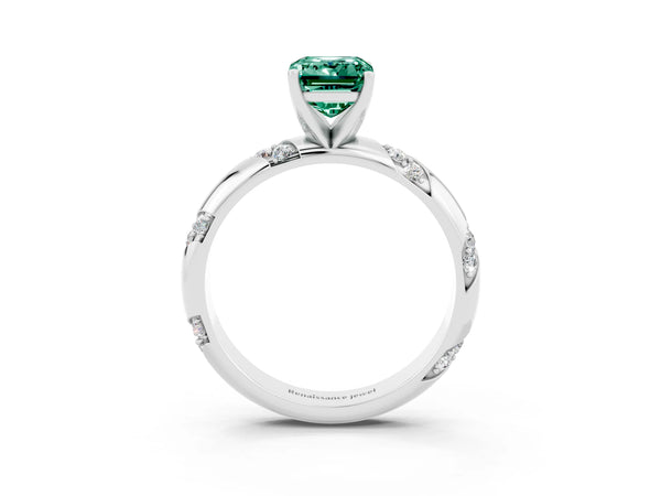White gold Emerald Cut Green Sapphire Solitaire Engagement Ring with Twisted Round  Accent Band and Prong Setting